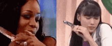 a woman is cutting her hair with a pair of scissors and a woman is brushing her hair with a comb .