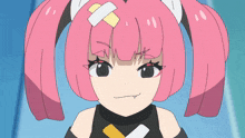 a cartoon girl with pink hair and a bandage on her head