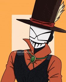 a drawing of a man wearing a top hat with the words ki loves atsuhiro < 3 below