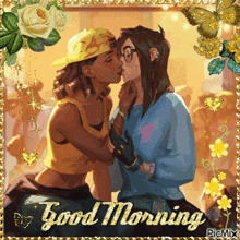 a painting of two women kissing with the words good morning