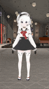 a girl in a sailor outfit is standing in a room with a dog house in the background