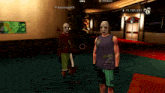 two men wearing masks are standing next to each other in a room with a sign that says 15 785 261 on it