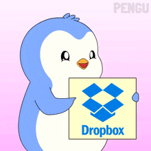 a cartoon penguin is holding a sign that says dropbox