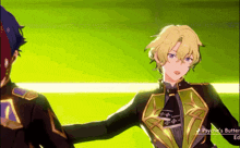 two anime characters are standing next to each other on a green background .