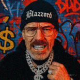 a man wearing glasses and a beanie with the word blazzard on it