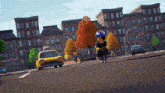 a cartoon character is riding a bike down the street
