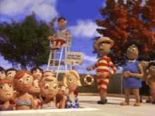 a group of cartoon characters are standing around a swimming pool with a sign that says swim tow for rescue