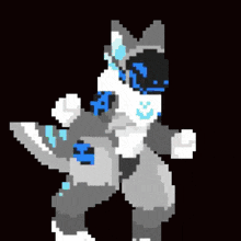a pixel art of a gray and white furry animal with green spots on it .