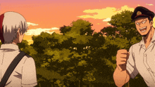 two anime characters standing next to each other with one wearing a hat with a badge on it