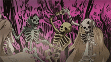 a group of skeletons are dancing in a forest in a cartoon .