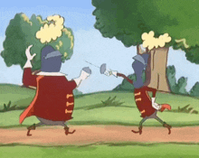 two cartoon characters are fighting with swords in a field with trees in the background