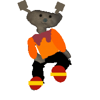 a teddy bear wearing an orange shirt and black pants with red shoes