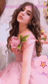 a girl in a pink dress with the words beautiful melissa written on the bottom