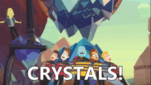 a group of cartoon characters are tied to a giant crystal and the words crystals are on the bottom