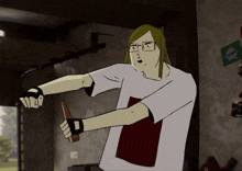 a cartoon of a man holding a bottle with the letter l on his shirt