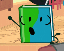 a green and blue book with arms and legs