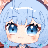 a close up of a cartoon character with blue hair and blue eyes