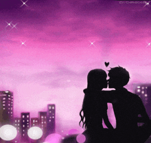 a silhouette of a man and a woman kissing in front of a purple sky