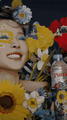 a woman with flowers on her face and a bottle of pura water