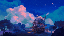 a painting of howl 's moving castle shows a cloudy night sky