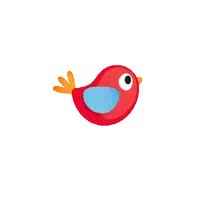 a red bird with a blue beak and orange feet