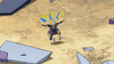 a cartoon drawing of a robot laying on the ground with a purple flower in the background