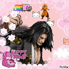 a man with long hair is surrounded by cats and hearts and says happy friday
