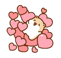 a cartoon hamster is surrounded by pink hearts on a white background