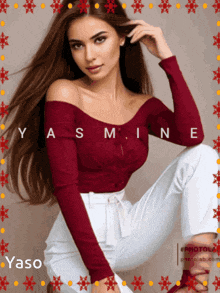 a woman in a red off the shoulder top with the name yasmine on it