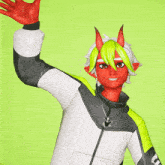 a cartoon character with neon green hair and red horns is wearing a jacket that says ' gd ' on the sleeve