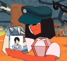 a cartoon character with a picture of a man and the word true