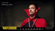 a man in a doctor strange costume with a rope around his neck is on a screen that says watchmen