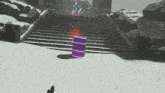a person standing in front of a staircase with a purple object in the middle
