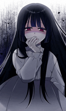 a girl with long black hair and red eyes is covering her mouth