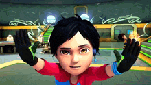a cartoon character wearing gloves is standing in a room