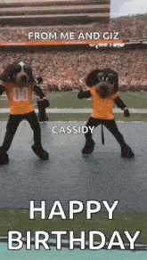 two mascots are dancing on a field with the words from me and giz happy birthday