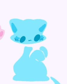 a blue cat is being held by a pink rabbit