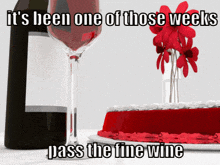 a bottle of wine next to a glass of wine and a cake with the caption it 's been one of those weeks
