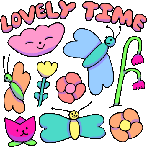 Butterflies And Flowers Say "Lovely Time" In English. Sticker - Wiggly Squiggly Cuties Lovely Time Flowers Stickers