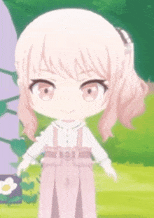 a little girl with pink hair and pink overalls is standing in a garden .