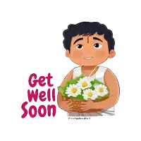 a cartoon of a boy holding a basket of daisies with the words get well soon written below him