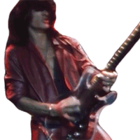 a man with long hair is playing a guitar on a white background