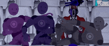 a group of cartoon characters are sitting in a stadium and one of them has the word ice on his shirt