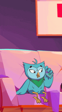 a cartoon of an owl sitting on a couch holding a glass