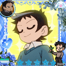 a picture of a boy with his eyes closed is surrounded by flowers and hearts and says picmix