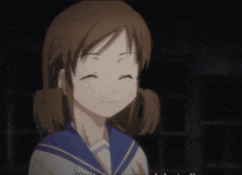 a girl in a sailor suit is smiling with the words " i 'm sorry " written below her