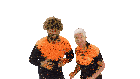 a man and a woman are standing in front of a white background with confetti flying around them