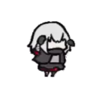 a cartoon of a girl with white hair and a black jacket is flying in the air .