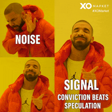 a man in an orange jacket with the words noise and signal written on it