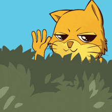 a cartoon drawing of a cat peeking out of the grass